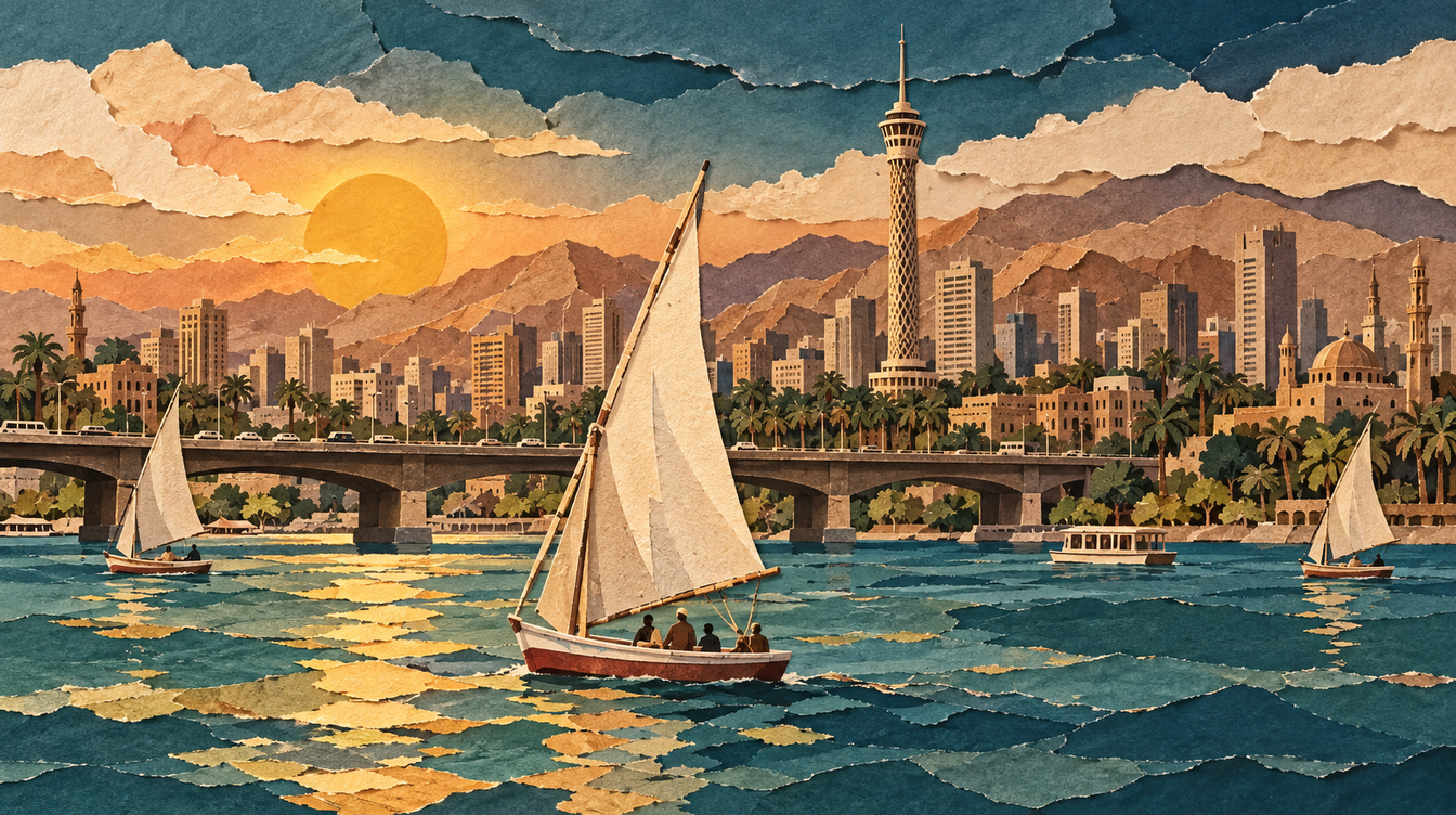 Layered paper-cut Egypt skyline, with sailing boats on the Nile