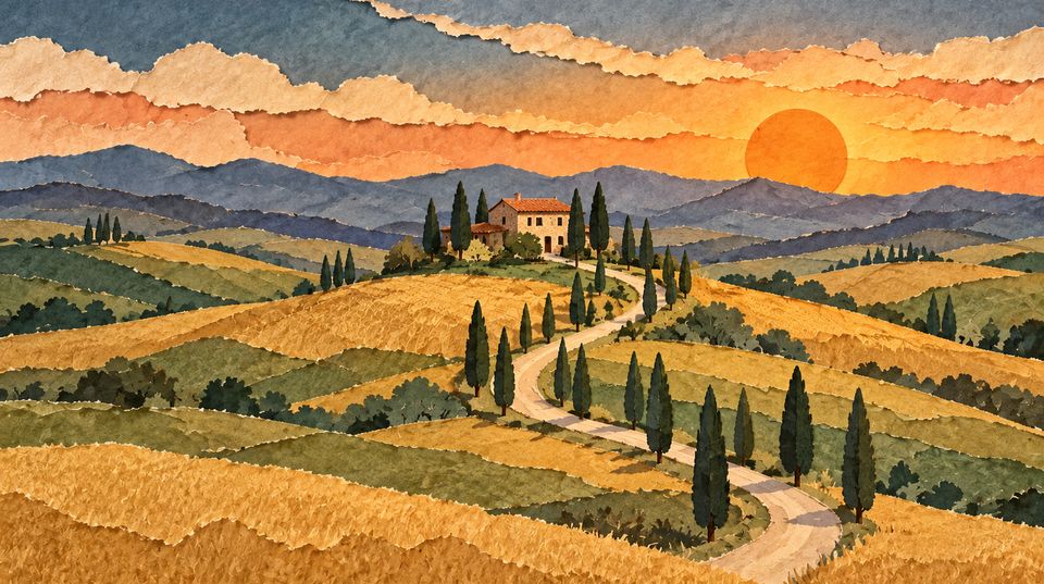 Tuscany, the Val d'Orcia at sunset
