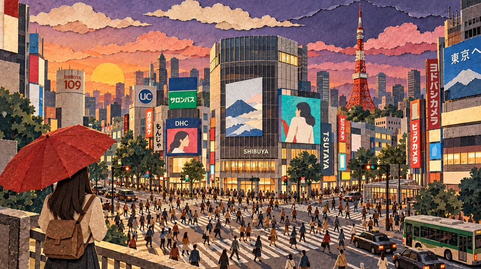 Shibuya crossing at dusk, Tokyo Tower behind