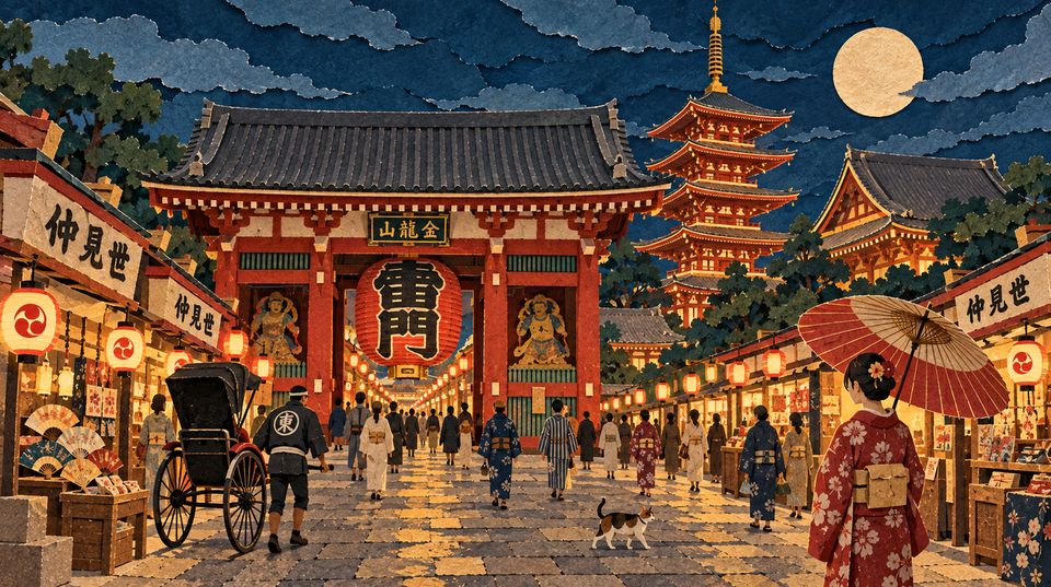 Senso-ji, the Kaminarimon gate and the pagoda at night