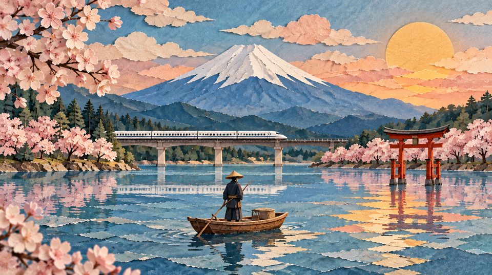 Mount Fuji over Lake Kawaguchi at dawn, torii and Shinkansen