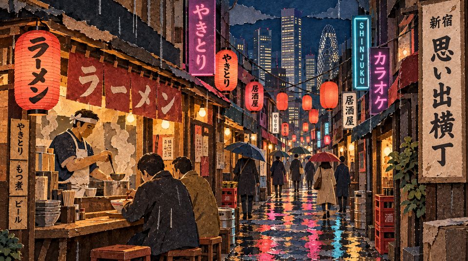Omoide Yokocho, a rainy neon alley in Shinjuku at night