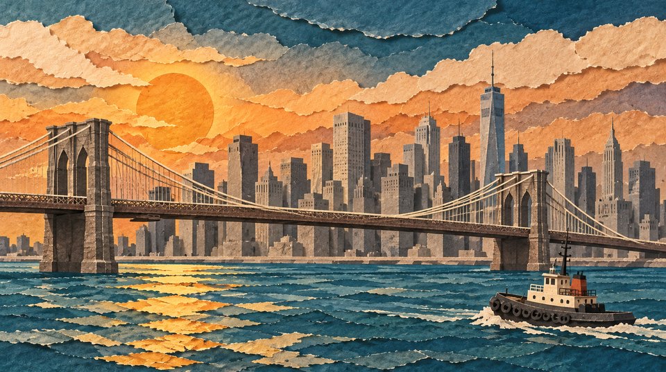 New York, the Brooklyn Bridge at dusk