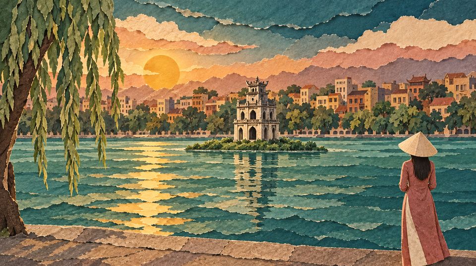 Hanoi, Turtle Tower on Hoan Kiem Lake at dawn