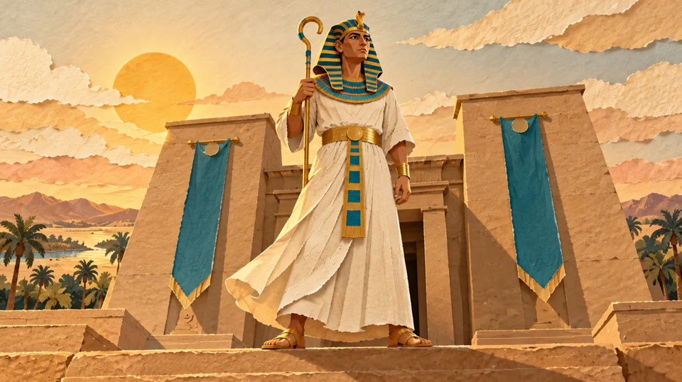 Egyptian pharaoh before a sandstone temple